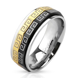 BAGUE ANNEAU HOMME ACIER ÉCROUS PLAQUÉ NOIR & OR TOURNANTE MOTIFS GRECS