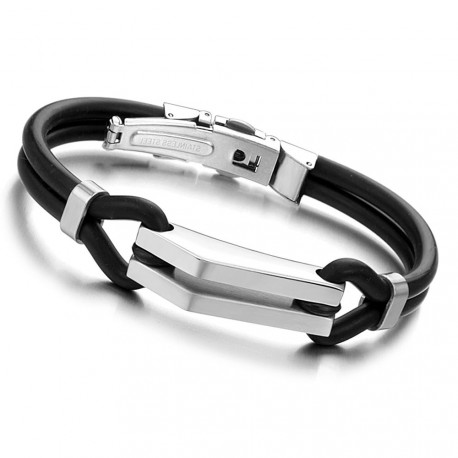 BRACELET HOMME ADO ACIER INOXYDABLE ET CAOUTCHOUC NOIR