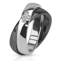 BAGUE ANNEAU DE FIANÇAILLE FEMME DUO ACIER ET PLAQUÉ NOIR ORNÉ 1 CROIX