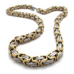 CHAINE COLLIER HOMME ACIER ET PLAQUE OR BLING BLING MAILLE BYZANTINE 9mm