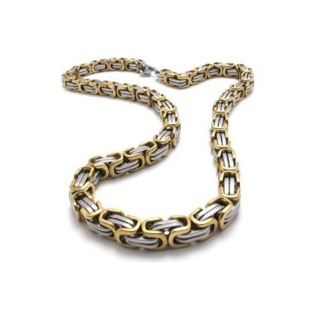 CHAINE COLLIER HOMME ACIER ET PLAQUE OR BLING BLING MAILLE BYZANTINE 9mm