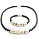 Men's bracelet and necklace set in black leather and stainless steel
