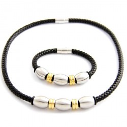 PARURE BRACELET ET COLLIER FEMME  HOMME CUIR NOIR ET ACIER INOXYDABLE