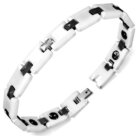 BRACELET GOURMETTE FEMME HOMME CÉRAMIQUE NOIR BLANCHE AIMANTÉ 18CM