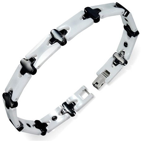 BRACELET GOURMETTE FEMME HOMME CÉRAMIQUE NOIR BLANCHE AIMANTÉ 19CM