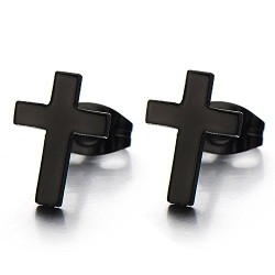 PAIRE BOUCLE D'OREILLE HOMME ACIER NOIR CROIX LATINE FERMOIR PAPILLON