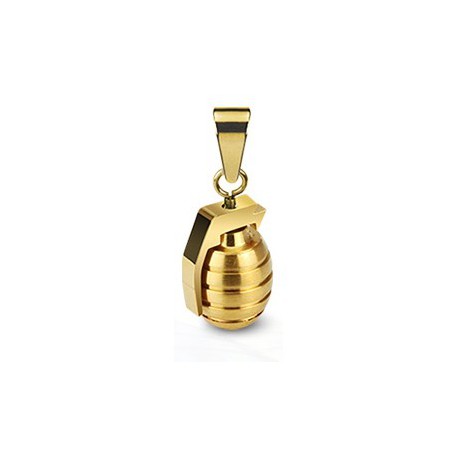 PENDENTIF POUR HOMME ADO EN ACIER 316L ET PLAQUE OR 18 CARATS GRENADE ARME IDEAL MILITAIRE + 1 CHAINE BOULE NEUF