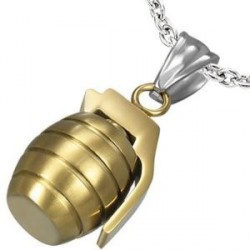 PENDENTIF POUR HOMME ADO EN ACIER 316L ET PLAQUE OR 18 CARATS GRENADE ARME IDEAL MILITAIRE + 1 CHAINE BOULE NEUF