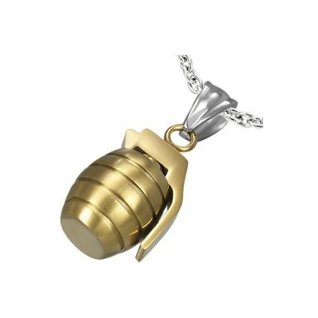 PENDENTIF POUR HOMME ADO EN ACIER 316L ET PLAQUE OR 18 CARATS GRENADE ARME IDEAL MILITAIRE + 1 CHAINE BOULE NEUF