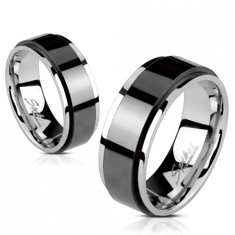 BAGUE ANNEAU POUR HOMME FEMME ADO ACIER NOIR BORDS COULEUR ARGENT ROTATIVE SPIN NEUVE 1658