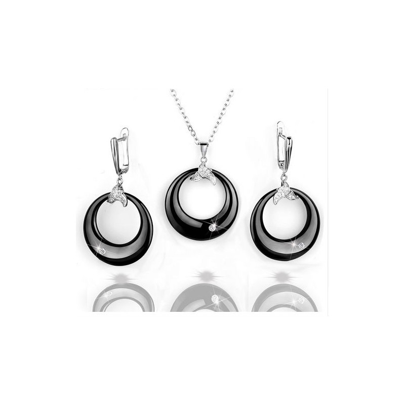 Parure Femme Boucles D Oreilles Et Pendentif Ceramique Noire Et Collier 45cm