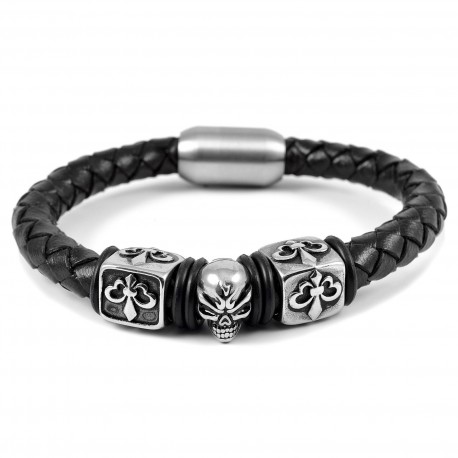 Bracelet homme cuir tressé et fleur de lys crane acier biker 22cm