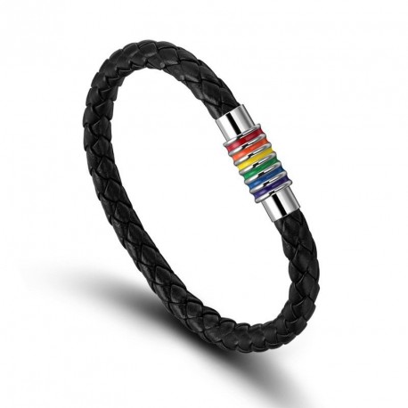 Bracelet homme cuir tressé et fermoir acier magnétique gay pride LGBT