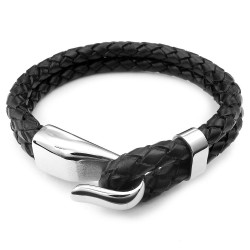 Bracelet homme double cordon cuir et fermoir acier inox crochet 21cm