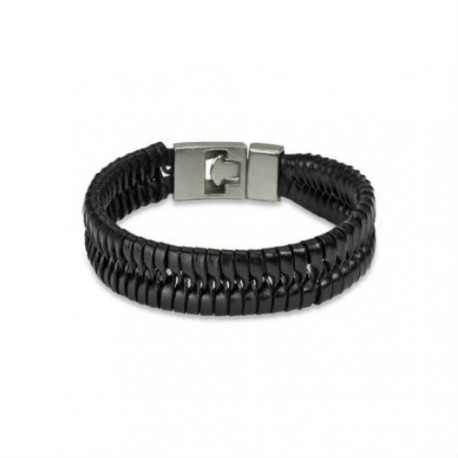 Bracelet grand large homme en cuir 2 rangs et fermoir acier inox 22cm