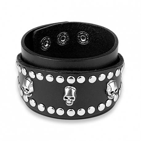 Bracelet large homme de force en cuir têtes de mort viril biker motard