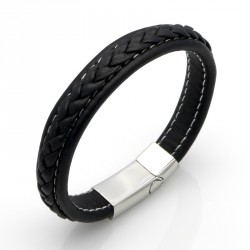 Bracelet homme cuir tressé noir fermoir acier inoxydable original 21cm