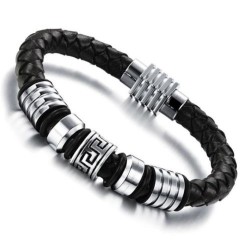 Bracelet pour homme cuir tressé noir fermoir acier inoxydable jerico 22cm