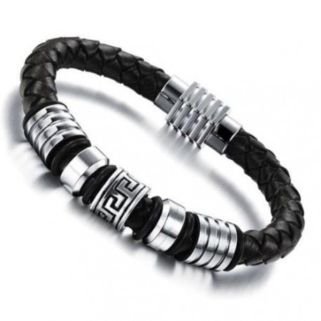 Bracelet pour homme cuir tressé noir fermoir acier inoxydable jerico 22cm