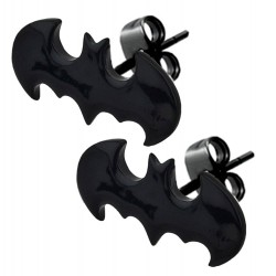 Paire boucle d'oreille homme ado acier toute noir chauve souris batman