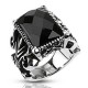 Bague chevalière homme acier pierre onyx noire fleur de lys gothique