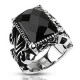 BAGUE CHEVALIERE HOMME ACIER MASSIF & PIERRE ONYX NOIR FLEUR DE LYS GOTHIQUE NEUVE