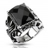 Bague chevalière homme acier pierre onyx noire fleur de lys gothique