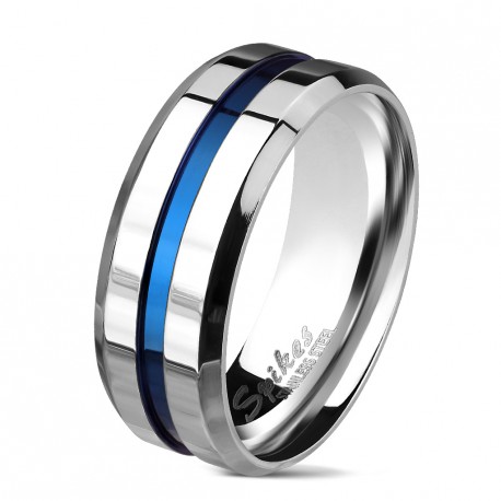 Bague anneau pour homme acier inoxydable poli et rainure centrale bleu