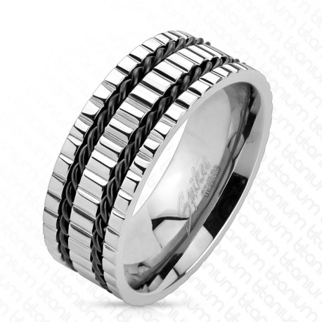 Bague anneau homme en titane avec duo de tresses de couleur noires