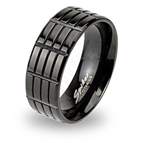 Bague anneau homme en titane couleur noir avec 3 lignes incrustées