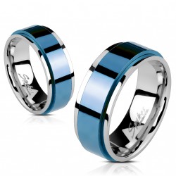 Bague anneau homme femme acier bleu bords couleur argent tournante