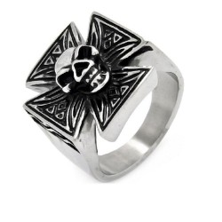 Bague chevalière homme acier croix celtique crane tête de mort biker