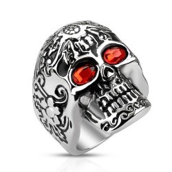 Bague homme acier inox tête de mort yeux zircon rouge motard biker