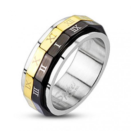 Bague anneau homme femme acier noir or tournante spin chiffres romains