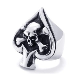 BAGUE CHEVALIERE HOMME ACIER COEUR AS PIQUE POKER CRANE TETE DE MORT