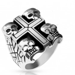 Bague chevalière homme acier croix 4 cranes tête de mort skull biker