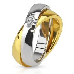 Bague anneau de fiançailles femme duo acier et plaqué or orné 1 croix