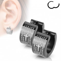 Paire de boucles d'oreilles homme acier noir croix bible notre père