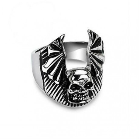 BAGUE CHEVALIERE HOMME EN ACIER CRANE TETE DE MORT AILE BIKER GOTHIQUE