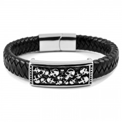 Bracelet homme cuir tressé et fleur de lys crane acier biker 22cm