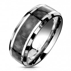 Bague anneau homme en acier inoxydable et ruban fibre de carbone noire