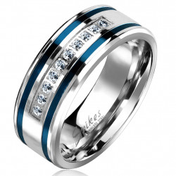 Bague de fiançailles bicolore homme acier lignes bleues ornée zircons