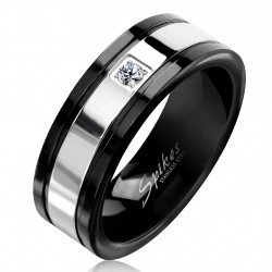 Bague de fiançailles bicolore homme acier noir et argent ornée zircon