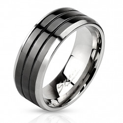 Bague anneau pour homme acier inoxydable trois bandes rainures noires