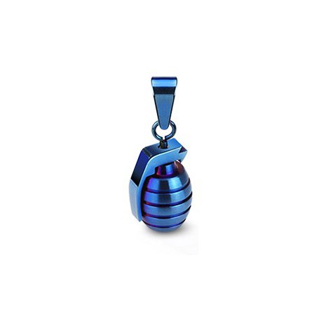 PENDENTIF POUR HOMME ADO EN ACIER 316L GRENADE BLEU ARMEE MILITAIRE + 1 CHAINE BOULE NEUF