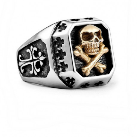 Bague chevalière homme acier or tête de mort biker croix des templiers