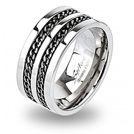 Bague anneau pour homme en titane avec double bande chaines noires