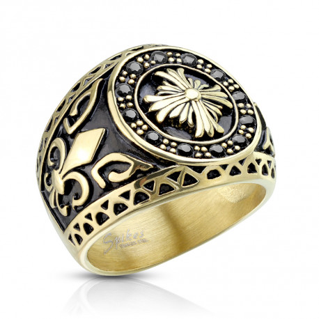 Bague style chevalière homme plaqué or fleur de lys croix celtique