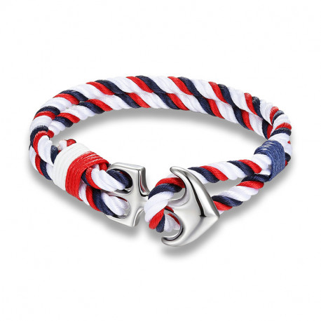 Bracelet homme corde nylon bleu blanc rouge fermoir acier ancre marine