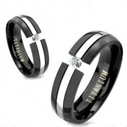 Bague anneau femme homme couple titane bande noire argent zircon